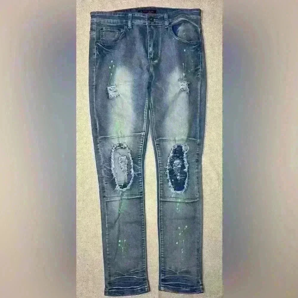 M. Society Mens Jeans Size 34x32 Skinny Fit Distressed Grunge Hip Hop B0060